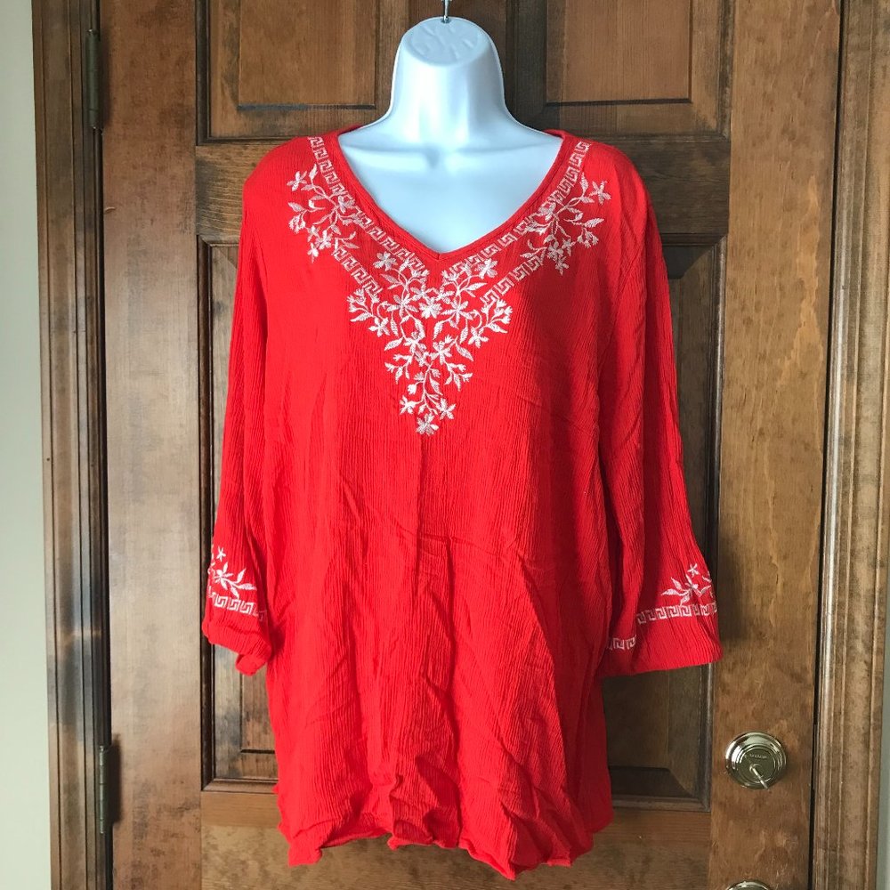 Belle by Kim Gravel Orange Pullover V-Neck Tunic w/White Embroidery Size 1X